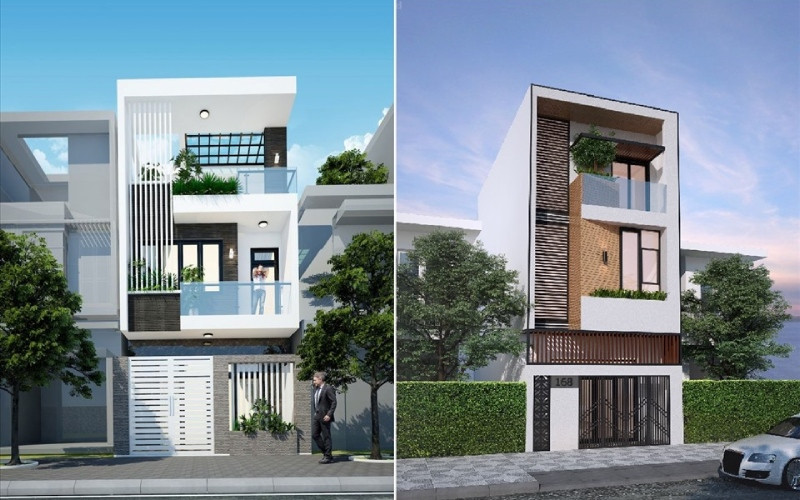 alt: Mẫu thiết kế nhà phố 3 tầng hiện đại sử dụng vật liệu kính
