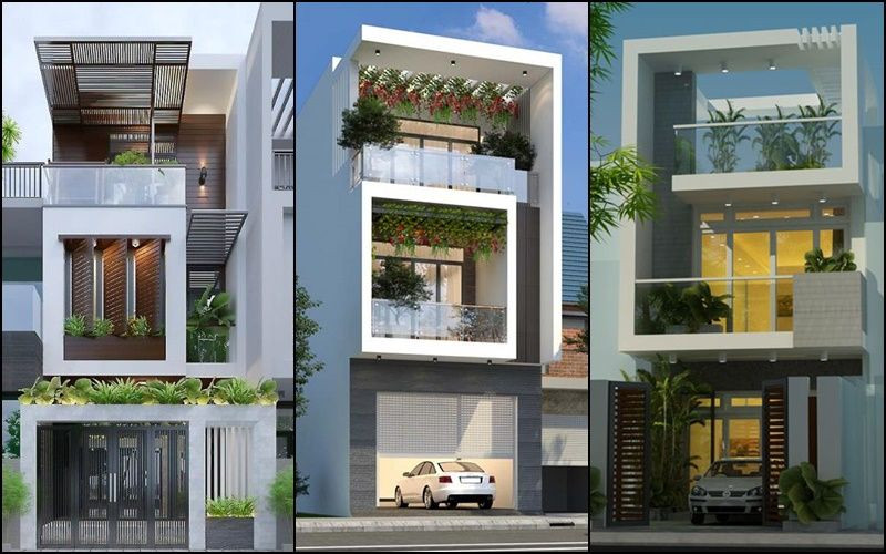 alt: Mẫu thiết kế nhà phố 3 tầng hiện đại với ban công rộng