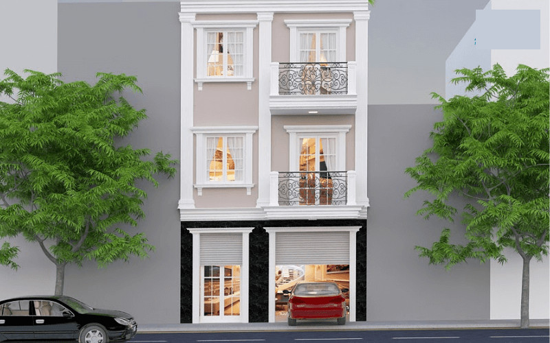 alt: Mẫu thiết kế nhà phố 3 tầng hiện đại với gara ô tô