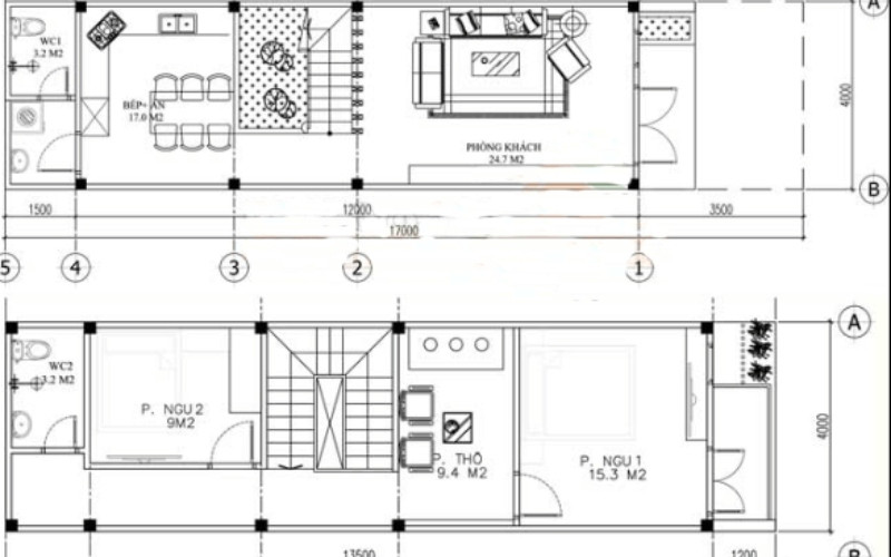 alt text: Bản vẽ mặt bằng tầng 2 của một ngôi nhà phố 2 tầng