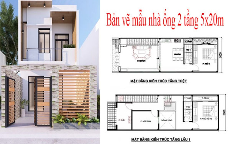 alt text: Bản vẽ mặt bằng tầng trệt của một ngôi nhà phố 2 tầng có kích thước 5x20m