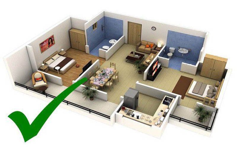 alt text: Không đặt cửa phòng ngủ đối diện cửa bếp