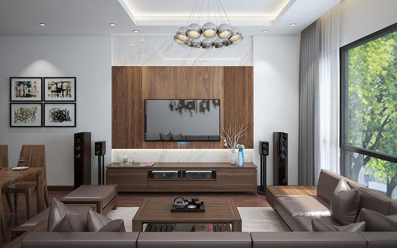 alt text:  Không gian bếp và phòng ăn của một căn nhà phố không gian mở với nội thất sang trọng, hiện đại, sử dụng gam màu trung tính.