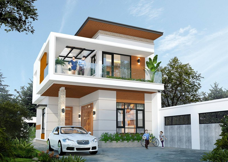 alt text: Mẫu nhà phố 2 tầng mái bằng 11x12 với thiết kế hiện đại, tối ưu công năng sử dụng.