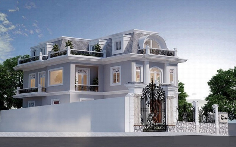 alt text: Mẫu nhà phố 2 tầng mái mansard tân cổ điển