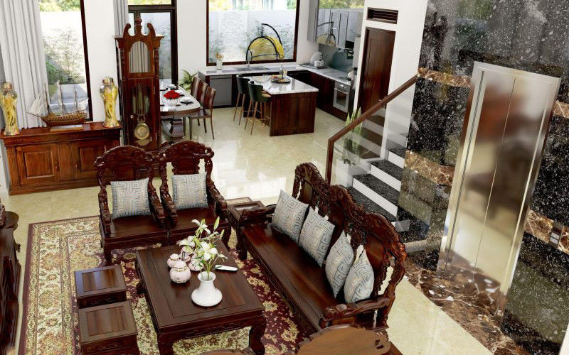 alt text: Mẫu thiết kế nhà phố có thang máy ấn tượng