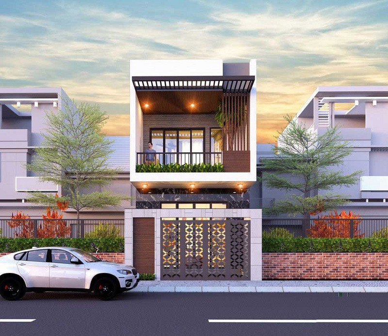 alt text: Nhà phố 2 tầng mái bằng 7x10 với thiết kế hình thang ngược độc đáo, phù hợp với diện tích đất nhỏ.
