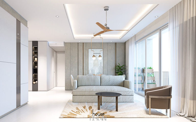 alt text: Phòng khách thiết kế nội thất hiện đại với họa tiết tối giản, tập trung vào đường nét và hình khối