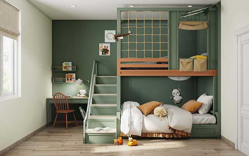 alt text: Thiết kế phòng ngủ cho 2 bé với không gian học tập và nghỉ ngơi hiện đại, đa năng