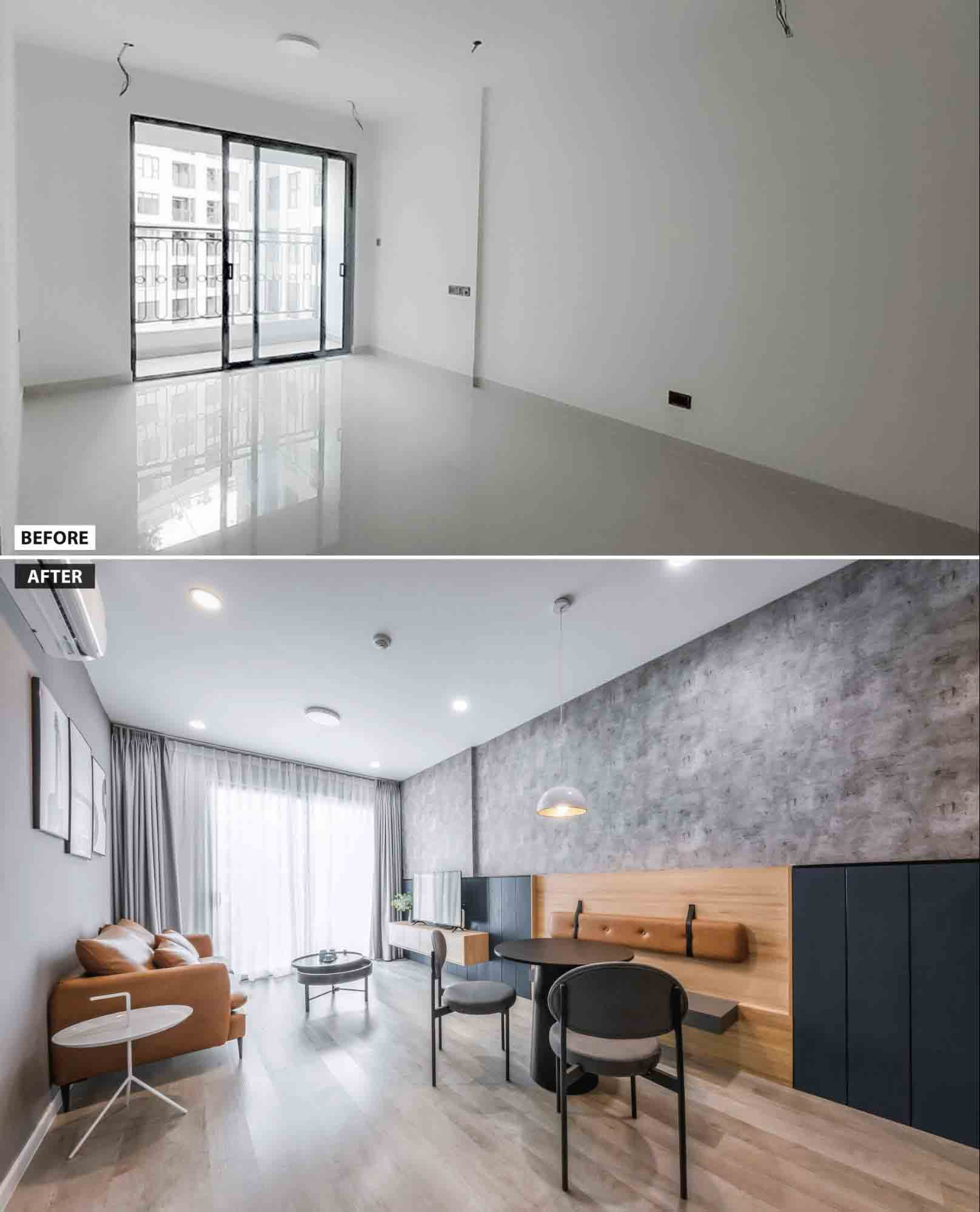 Hệ vách ốp ván MDF màu xanh cùng mảng tường dán giấy giả bê tông khiến phòng khách trở nên mới mẻ