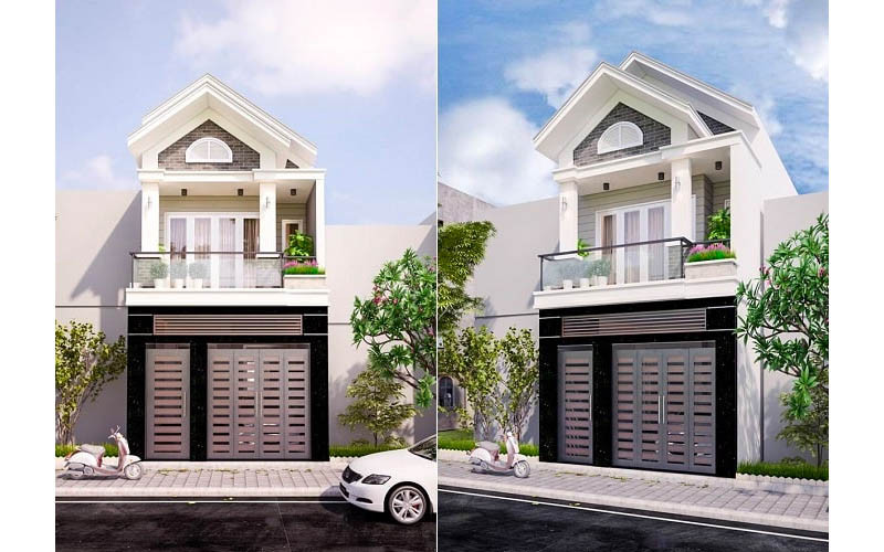 Mẫu nhà phố 2 tầng mặt tiền 5m mái dốc