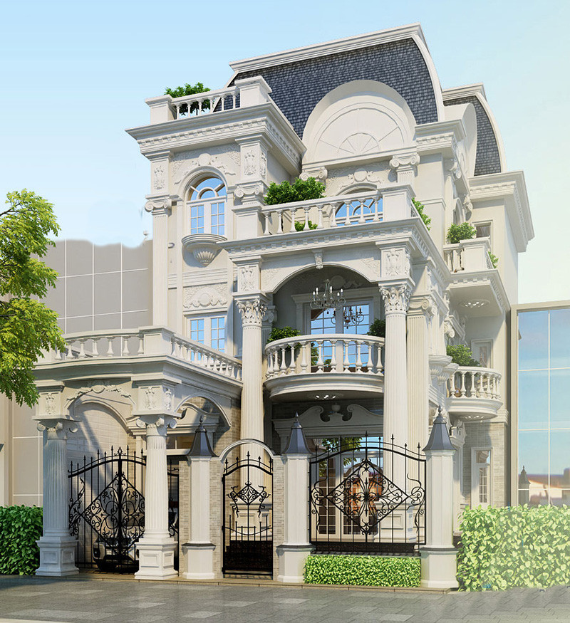 Mẫu nhà phố kiểu Pháp 2 tầng với gam màu trắng chủ đạo