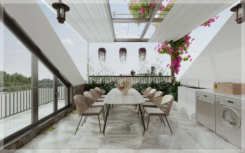 Phòng ăn biệt thự với sàn gạch họa tiết