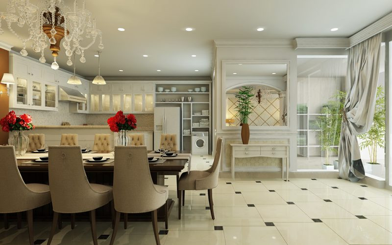 Tủ bếp hiện đại trong phòng ăn biệt thự